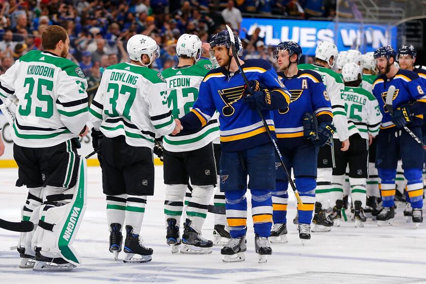 ST. LOUIS, MO - MAY 7: Brayden Schenn #10 of the St. Louis Blues leads the Blues in the post-series handshake against the Dallas Stars after beating the Stars in double overtime in Game Seven of the Western Conference Second Round during the 2019 NHL Stanley Cup Playoffs at the Enterprise Center on May 7, 2019 in St. Louis, Missouri. (Photo by Dilip Vishwanat/Getty Images)