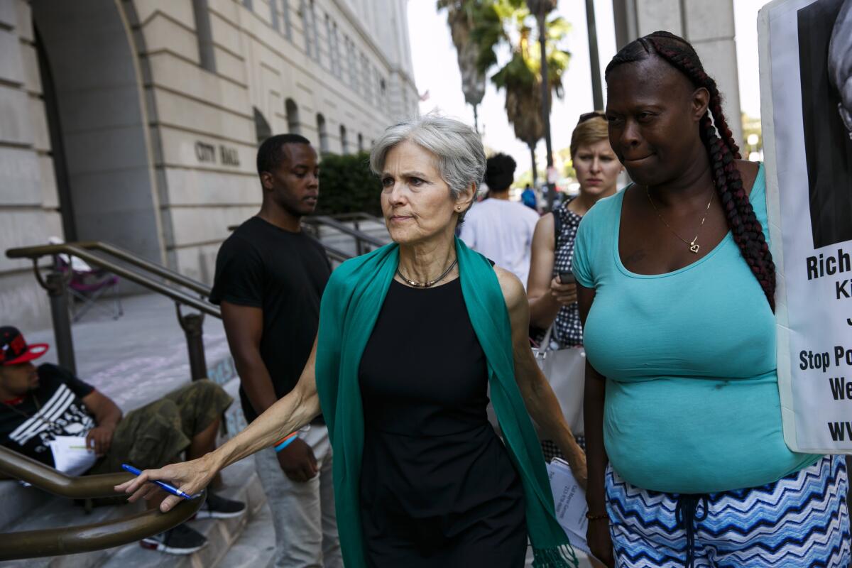 Green Party presidential nominee Jill Stein, shown visiting Los Angeles earlier this week, was delayed at an Ohio rally Friday because she flew to the wrong airport.