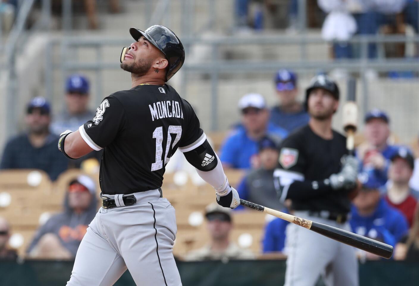 Yoan Moncada bats during a spring game against the Los Angeles Dodgers, in Glendale, Ariz., on Feb. 23, 2018.