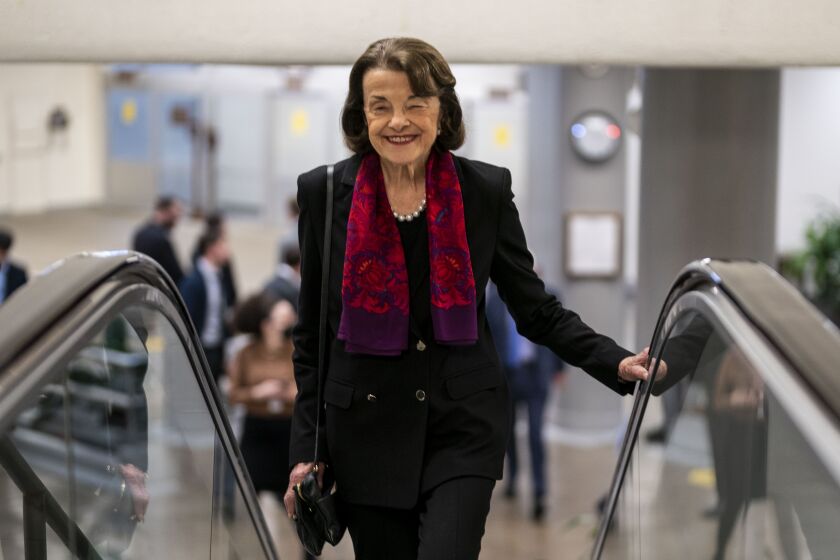 WASHINGTON, DC - MAY 11: Sen. Dianne Feinstein (D-CA) in the Senate subway on Capitol Hill on Wednesday, May 11, 2022 in Washington, DC. (Kent Nishimura / Los Angeles Times)