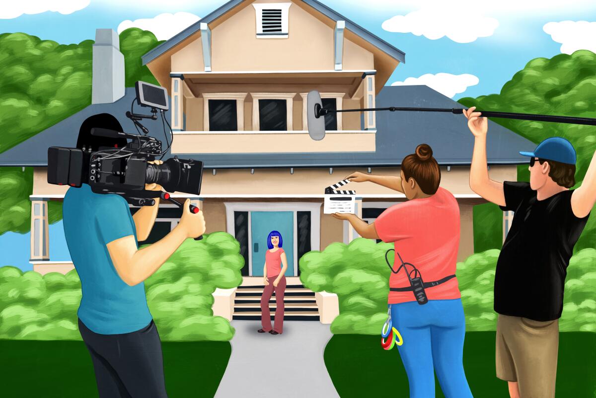 Illustration shows a film crew with a camera and microphone shooting a scene outside a home.