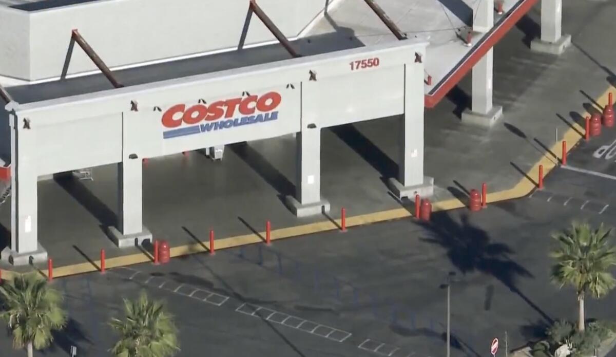 An aerial view of a parking lot outside a Costco store in the City of Industry.