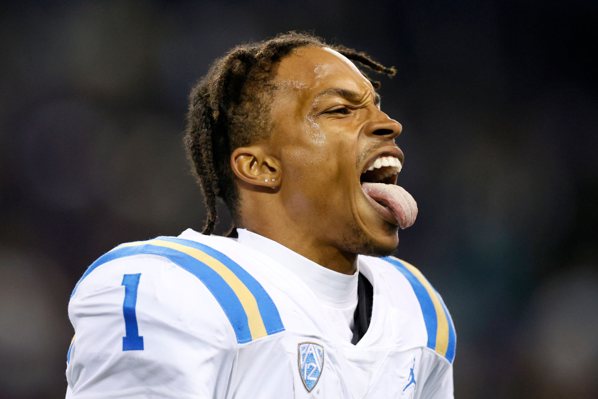 UCLA quarterback Dorian Thompson-Robinson celebrates a fourth-quarter touchdown.