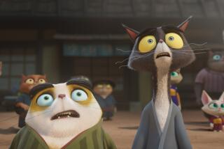 This image released by Paramount Pictures shows characters Chuck, voiced by Gabriel Iglesias, left, and Ichiro, voiced by Aasif Mandvi in a scene from "Paws of Fury: The Legend of Hank." (Paramount Pictures via AP)