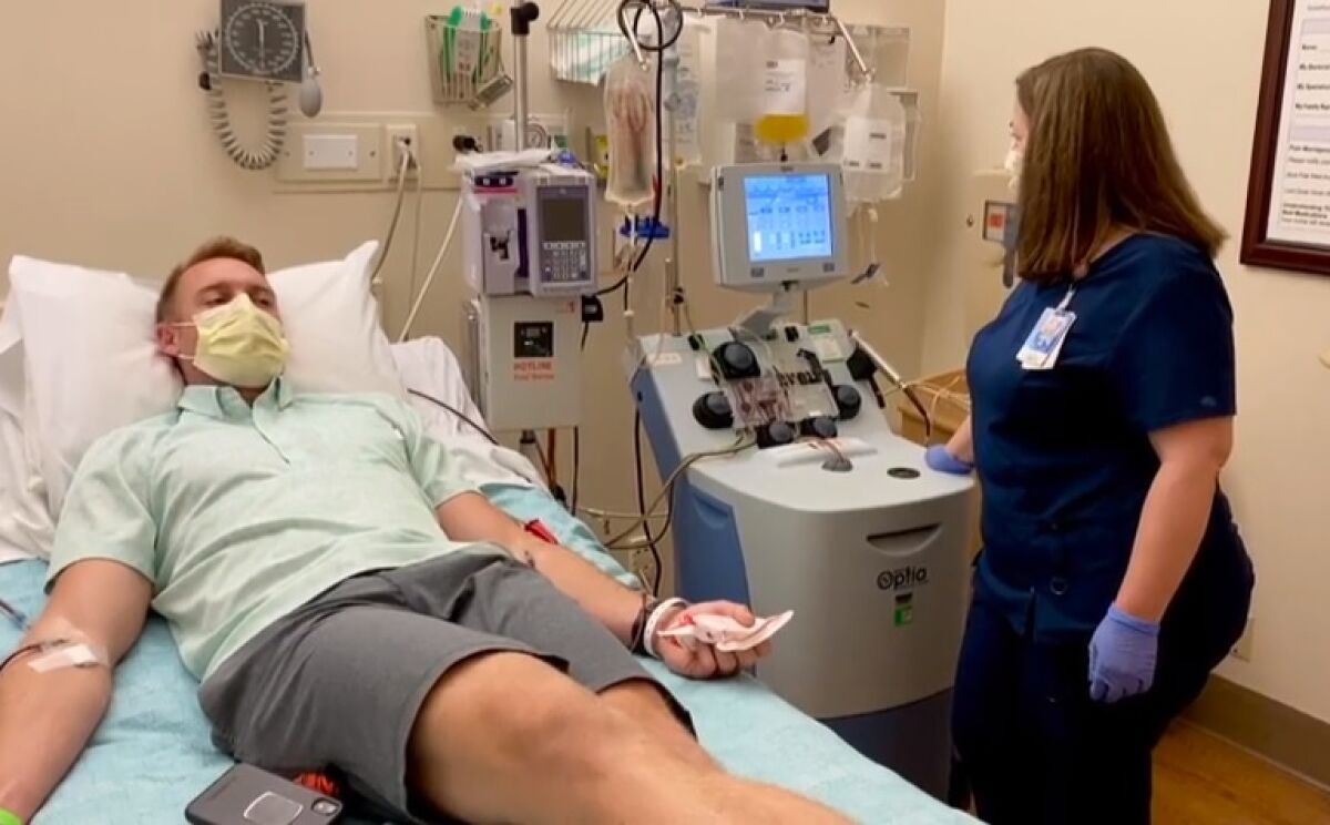 Robert Riordan, who recovered after contracting COVID-19 in March, recently donated plasma at the Scripps Blood and Marrow Transplant Program at Scripps Green Hospital in La Jolla.