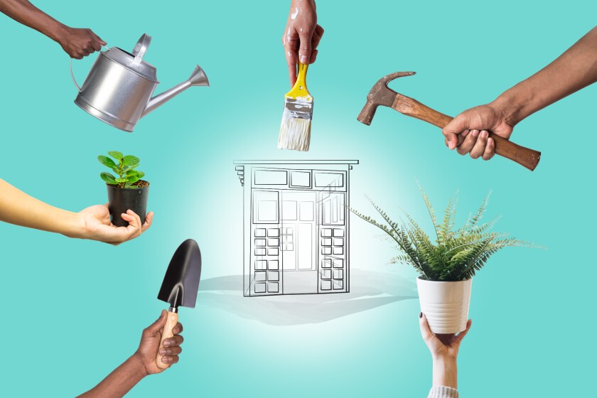 Illustration of helping hands surrounding a DIY greenhouse.