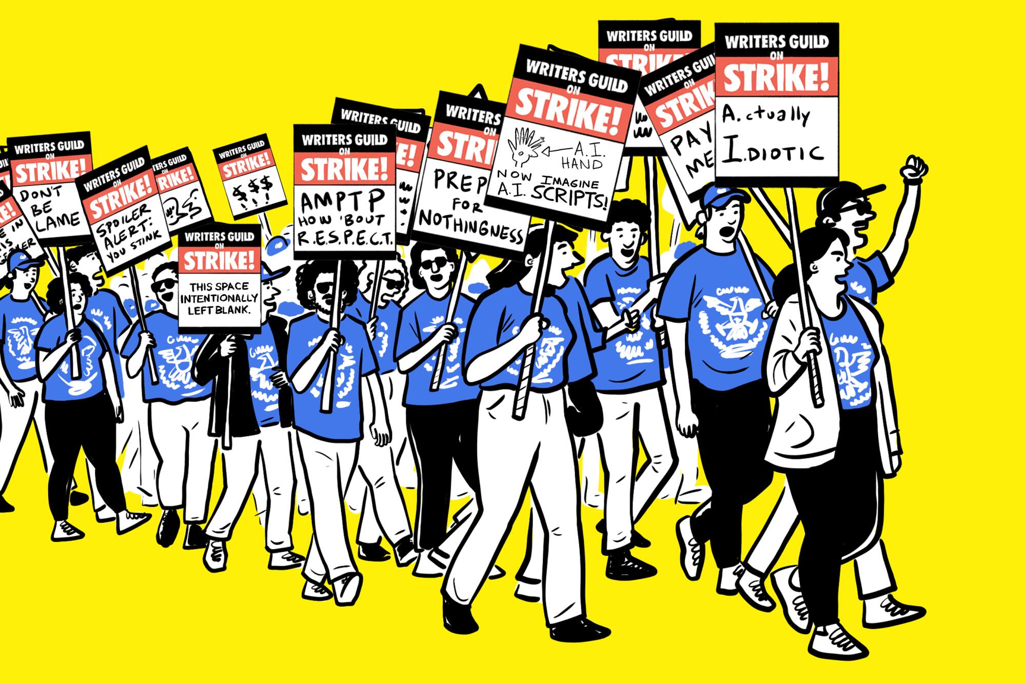 illustration of a crowd of Writers Guild members holding picket signs