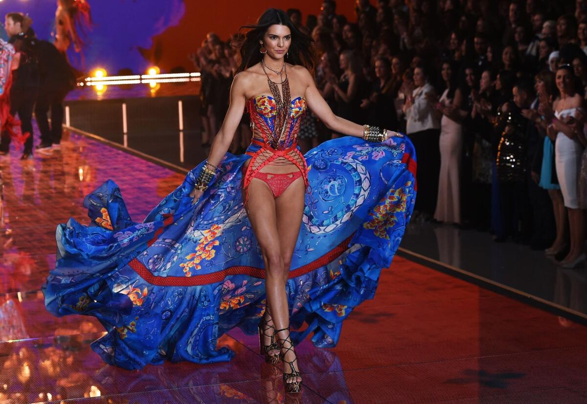 Kendall Jenner presents a creation during the 2015 Victoria's Secret Fashion Show in New York on Nov. 10, 2015.