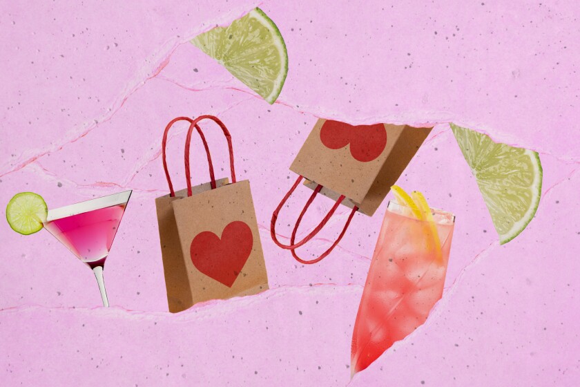 A photo college of gift bags and themed cocktails.