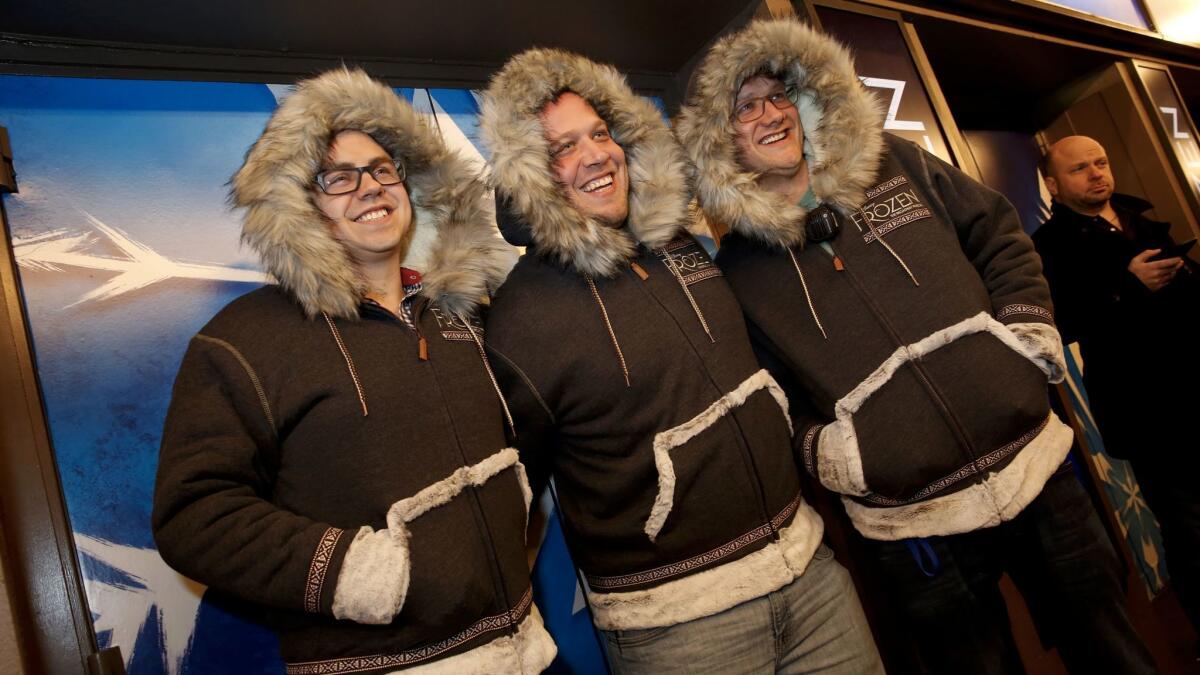 The theater lighting crew gets into the spirit before the first preview of "Frozen."