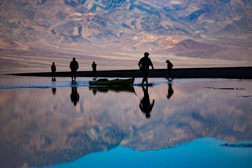 Death Valley, CA, Monday, February 26, 2024 - Park visitors, kayak, paddle board and wade knee deep in Lake Manly after 10,000 years since it last filled with water in Badwater Basin. (Robert Gauthier/Los Angeles Times)