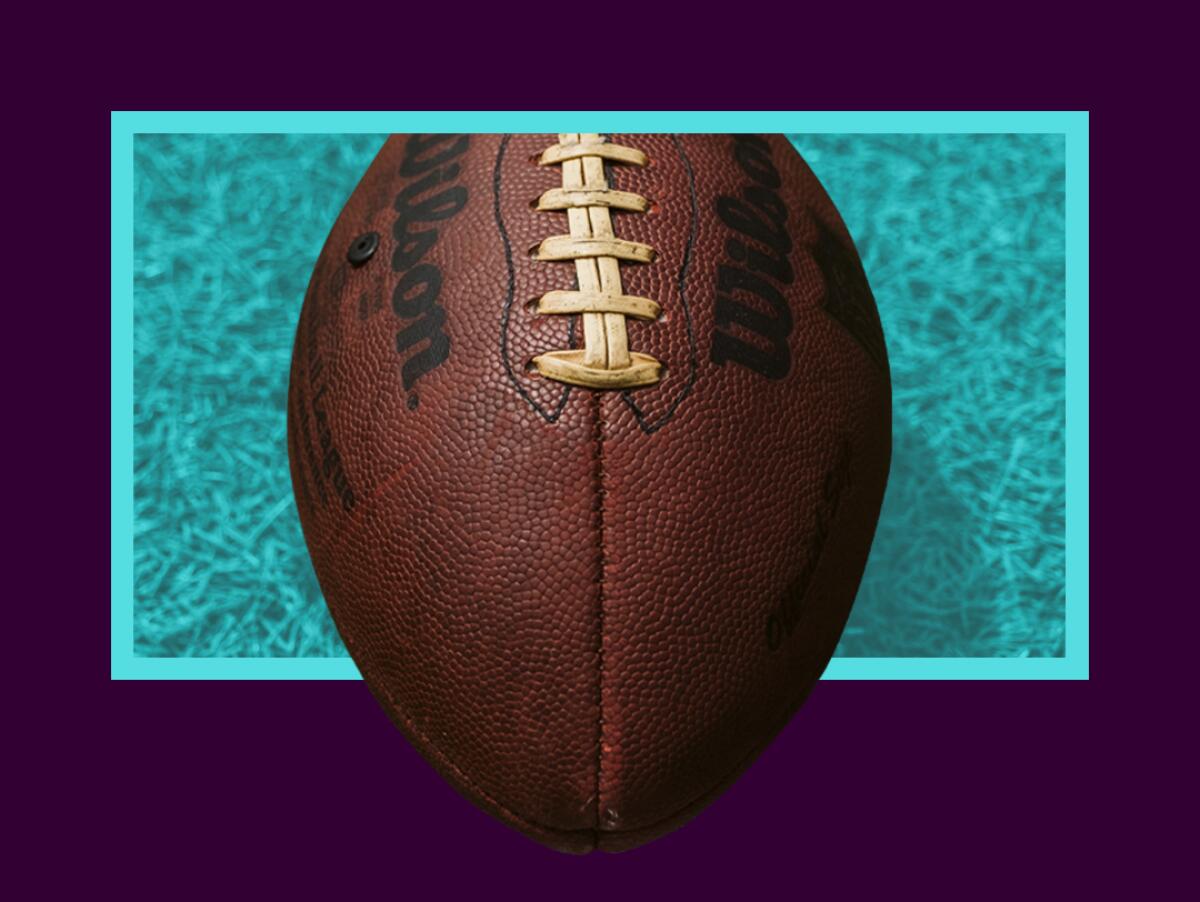 A football pops out from the frame of a TV screen.