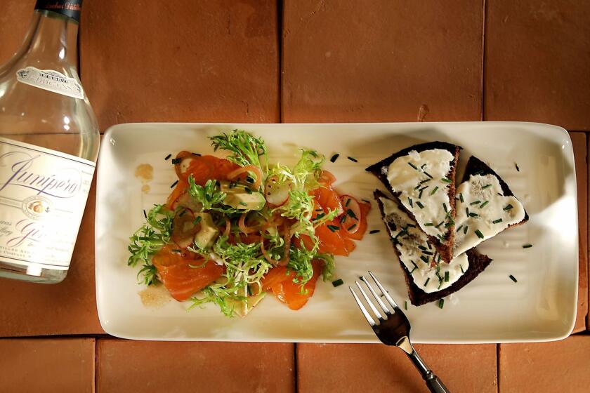 LOS ANGELES, CA., JANUARY 25, 2018--Cooking with Hard Alcohol - Cured Salmon andAvocado Salad. (Kirk McKoy / Los Angeles Times)