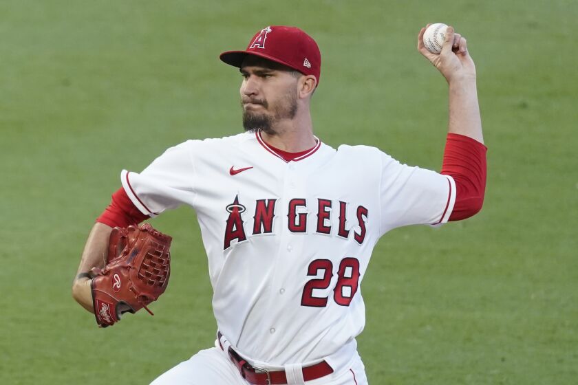 Los Angeles Angels starting pitcher Andrew Heaney throws during the first inning of a baseball game.