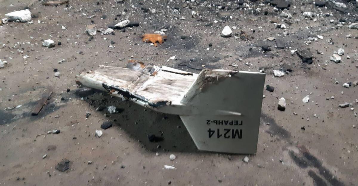 the wreckage of what Kyiv has described as an Iranian Shahed drone downed near Kupiansk, Ukraine.