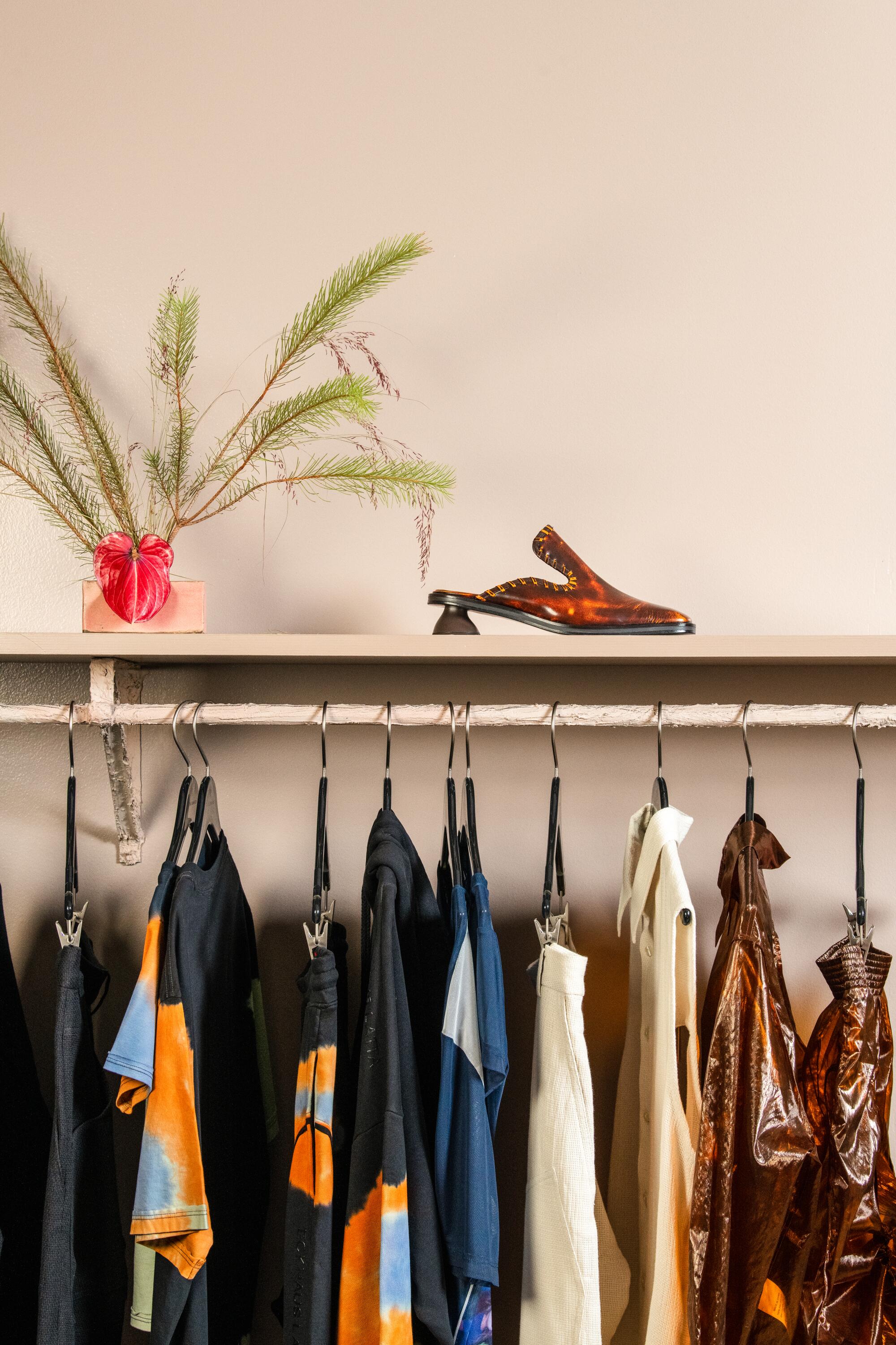 A photo of a clothing rack, an amber shoe resting on the sill above.