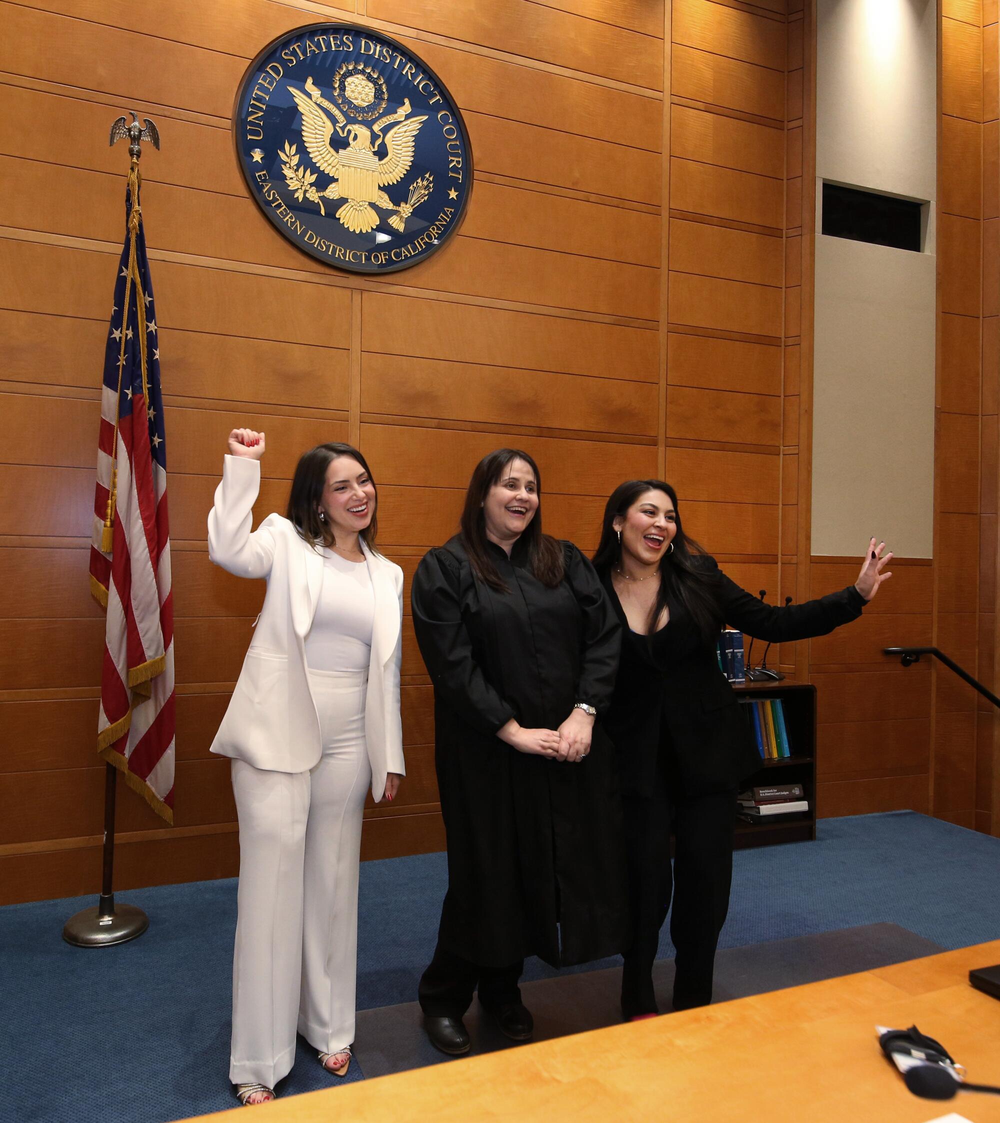 From left to right, Julia Martin, United States circuit judge for the Ninth Circuit, Ana De Alba and Jessenia Nunez share a 