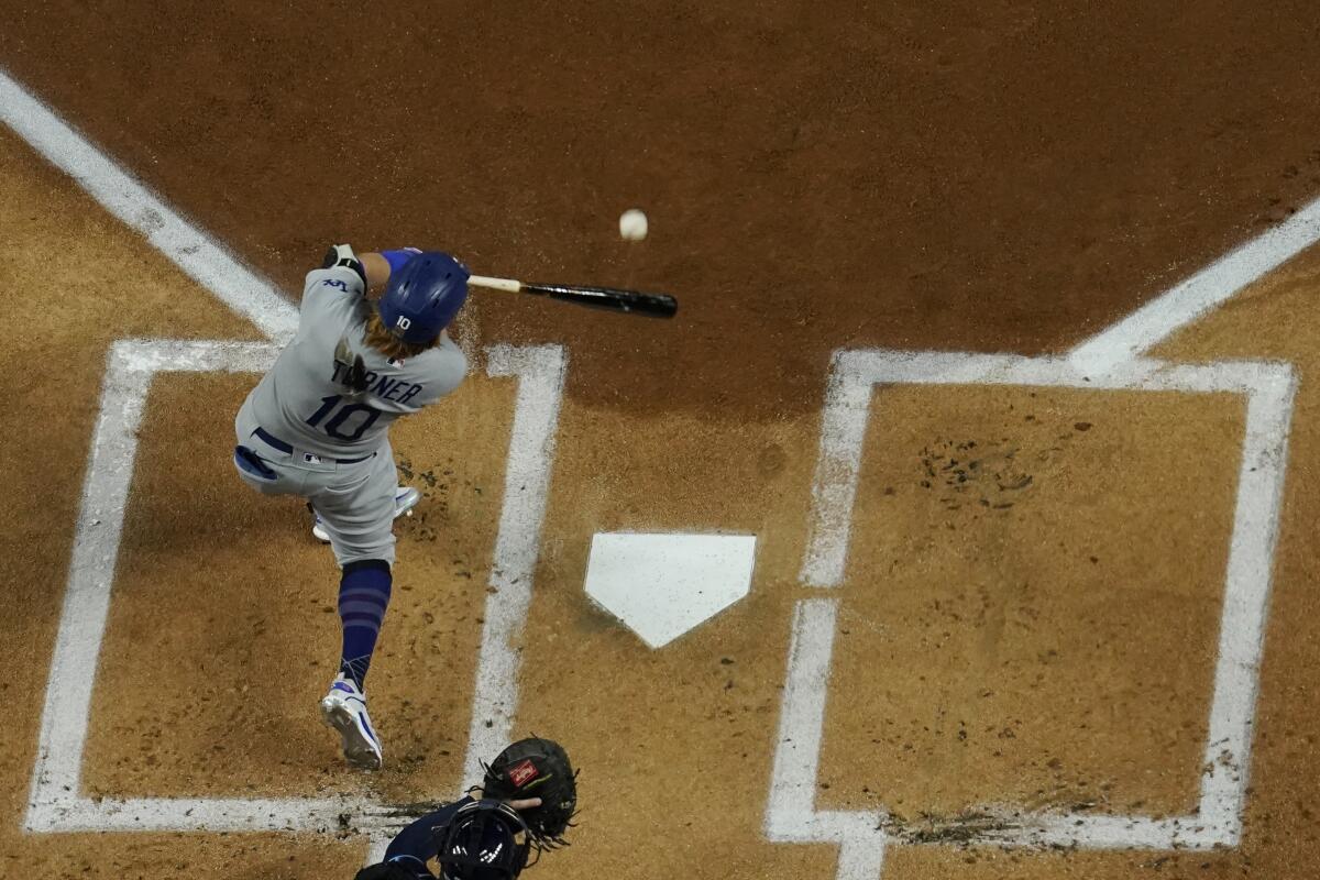 Justin Turner hits a home run against the Tampa Bay Rays during Game 4 of the World Series on Oct. 24.