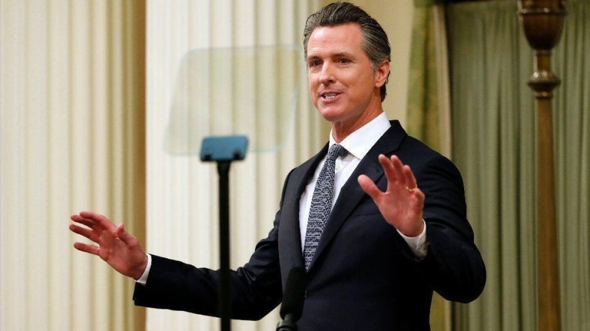 Gov. Gavin Newsom delivers his first State of the State address at the Capitol building in Sacramento on Feb. 12.
