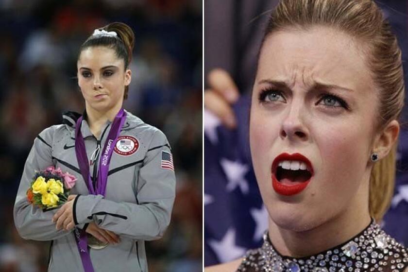 U.S. gymnast McKayla Maroney, left, and U.S. figure skater Ashley Wagner, right, are seen making faces that became memes of the 2012 and 2014 Olympics.