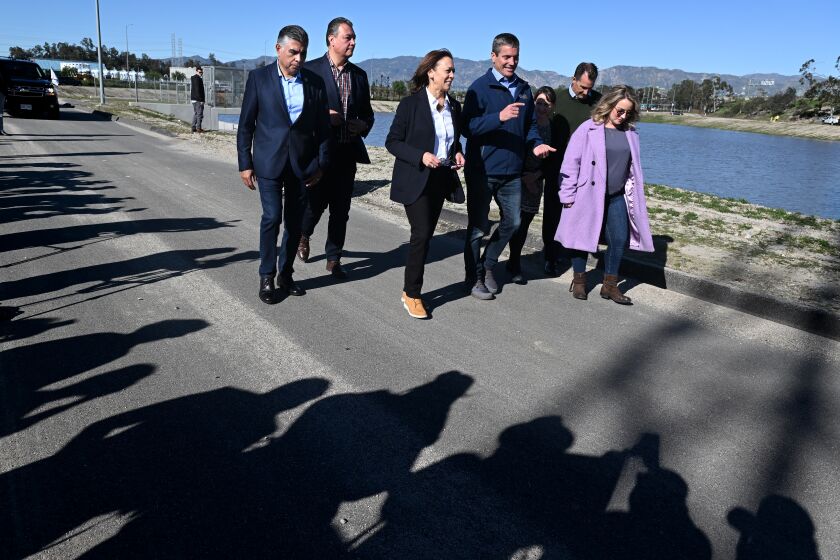 North Hollywood, California January 20, 2023-Vice President Kamala Harris, center, tours LADWP Tujunga Spreading Grounds facility with other officials Friday in Sun Valley Friday.(Wally Skalij/Los Angeles Times)
