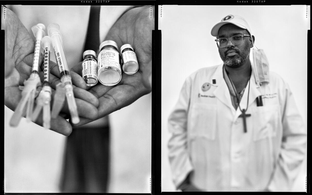 Side-by-side black and white film photos of vaccine vials and syringes in a pair of hands on left and a Black doctor on right