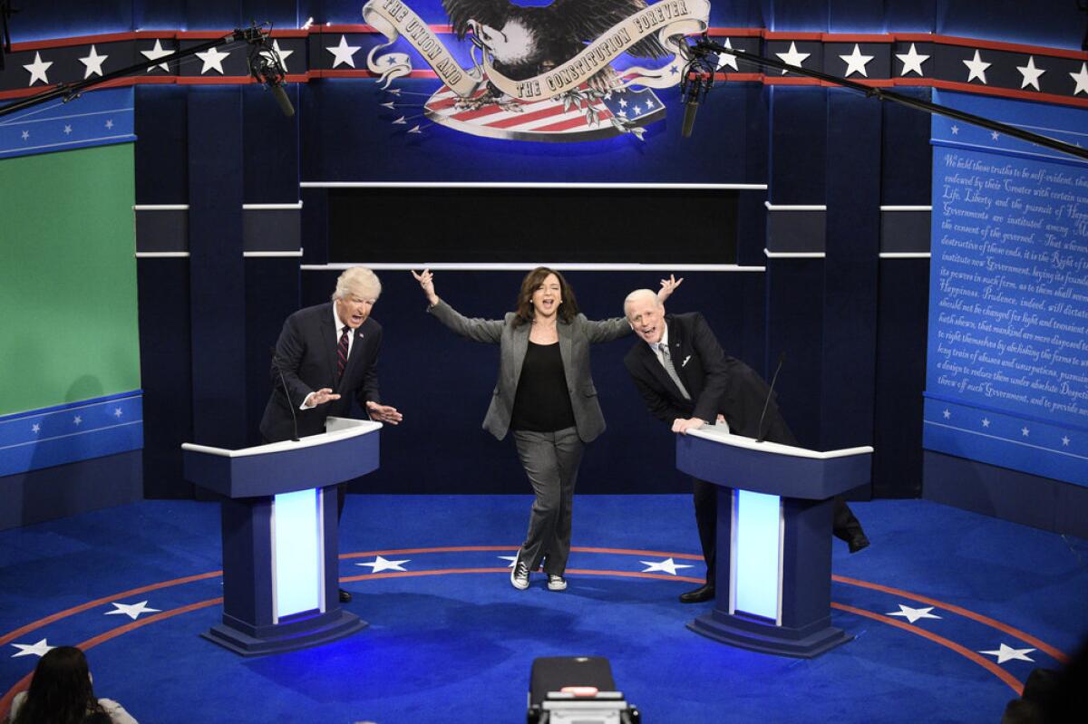 Alec Baldwin, Maya Rudolph and Jim Carrey as Donald Trump, Kamala Harris and Joe Biden on "Saturday Night Live."