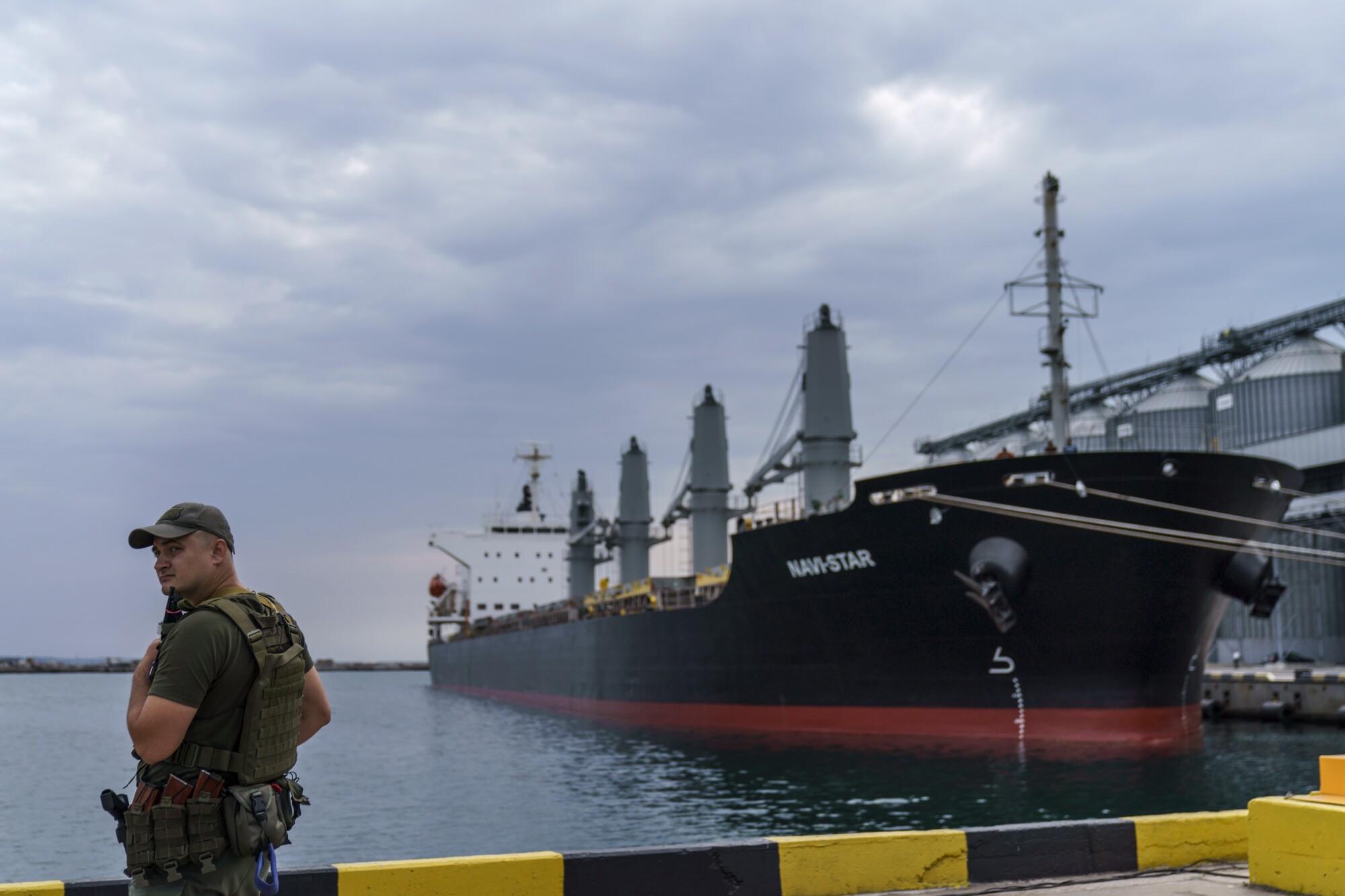 A security officer stands next to a ship in the port.