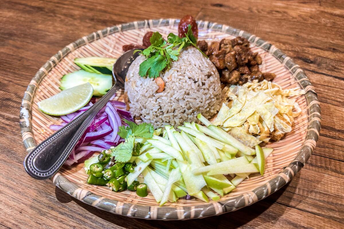 Shrimp paste rice, with many garnishes meant to be stirred together, at Lacha Somtum