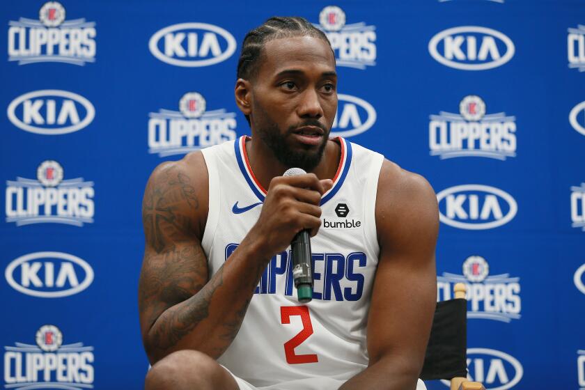 PLAYA VISTA, CALIFORNIA - SEPTEMBER 29: Kawhi Leonard #2 of the Los Angeles Clippers address the media during Los Angeles Clippers Media Day at Honey Training Center on September 29, 2019 in Playa Vista, California. (Photo by Leon Bennett/Getty Images)