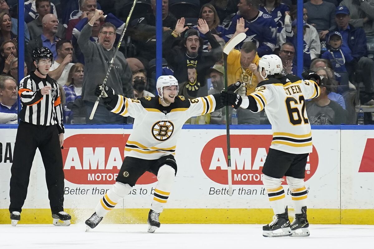 Boston Bruins left wing Anton Blidh (81) celebrates his goal against the Tampa Bay Lightning with center Oskar Steen (62) during the second period of an NHL hockey game Saturday, Jan. 8, 2022, in Tampa, Fla. (AP Photo/Chris O'Meara)