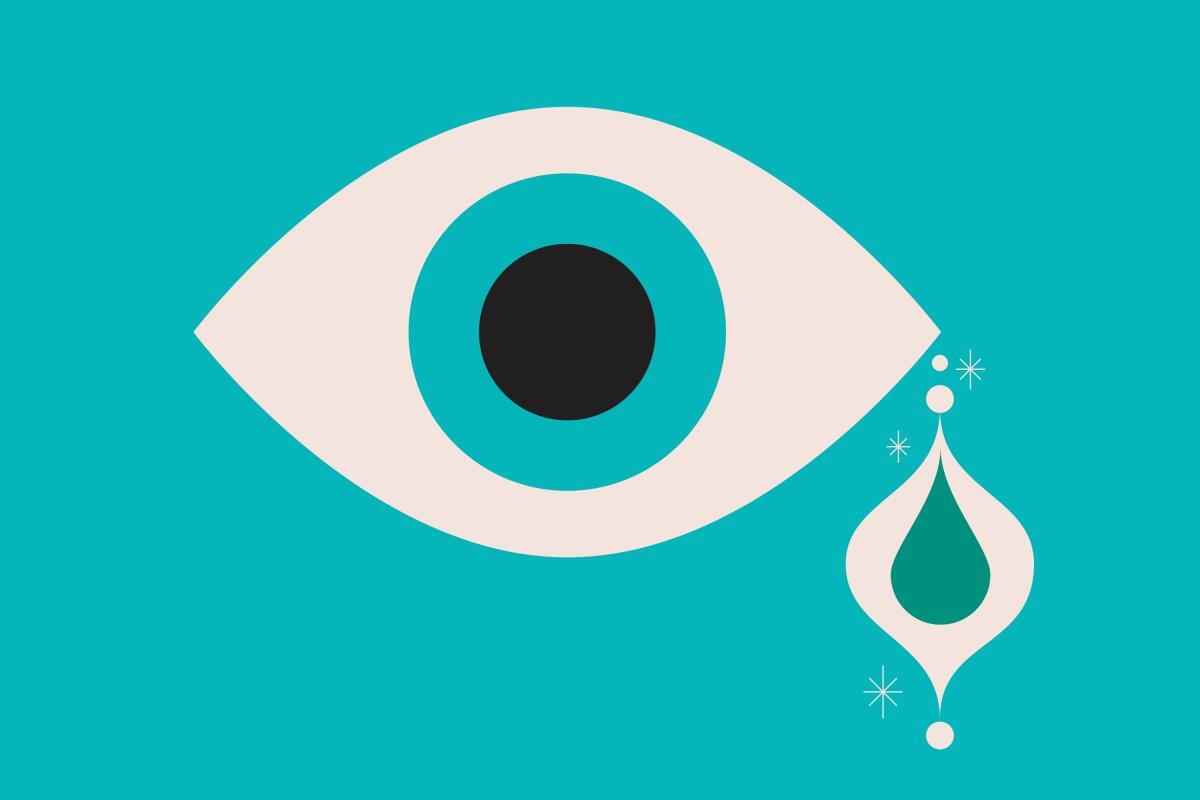 An illustration of an eye crying a tear shaped like a holiday ornament.