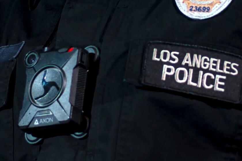 A body-worn camera on a police officer's uniform