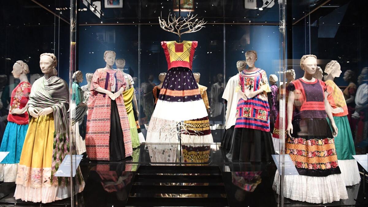 Clothing worn by Mexican artist Frida Kahlo is displayed during a media preview of the exhibition 'Frida Kahlo: Making Her Self Up' at the Victoria and Albert Museum in London.