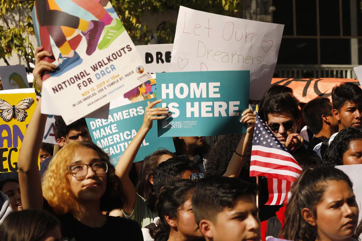 High school students and members of the public rallied in support of DACA in Los Angeles in 2019.