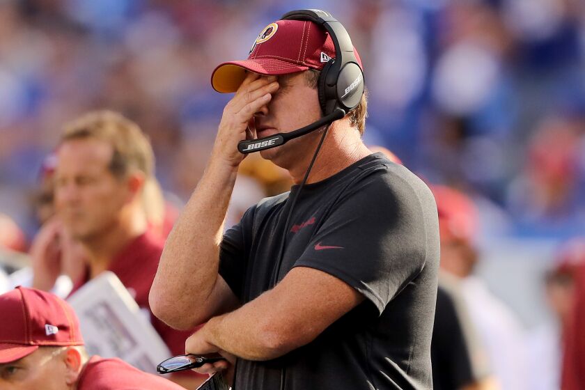 EAST RUTHERFORD, NEW JERSEY - SEPTEMBER 29: Head coach Jay Gruden of the Washington Redskins reacts in the fourth quarter against the New York Giants at MetLife Stadium on September 29, 2019 in East Rutherford, New Jersey. (Photo by Elsa/Getty Images)