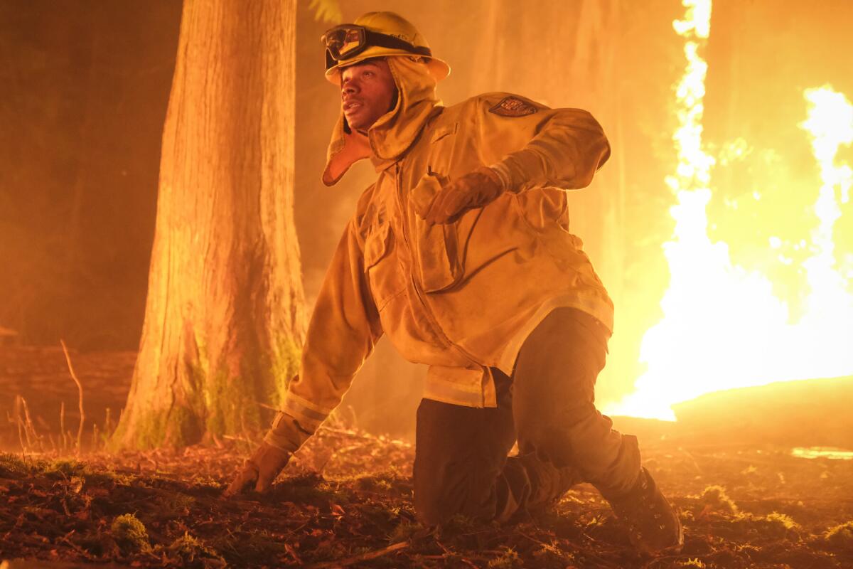 A firefighter kneels by a tree, with a wildfire burning behind him