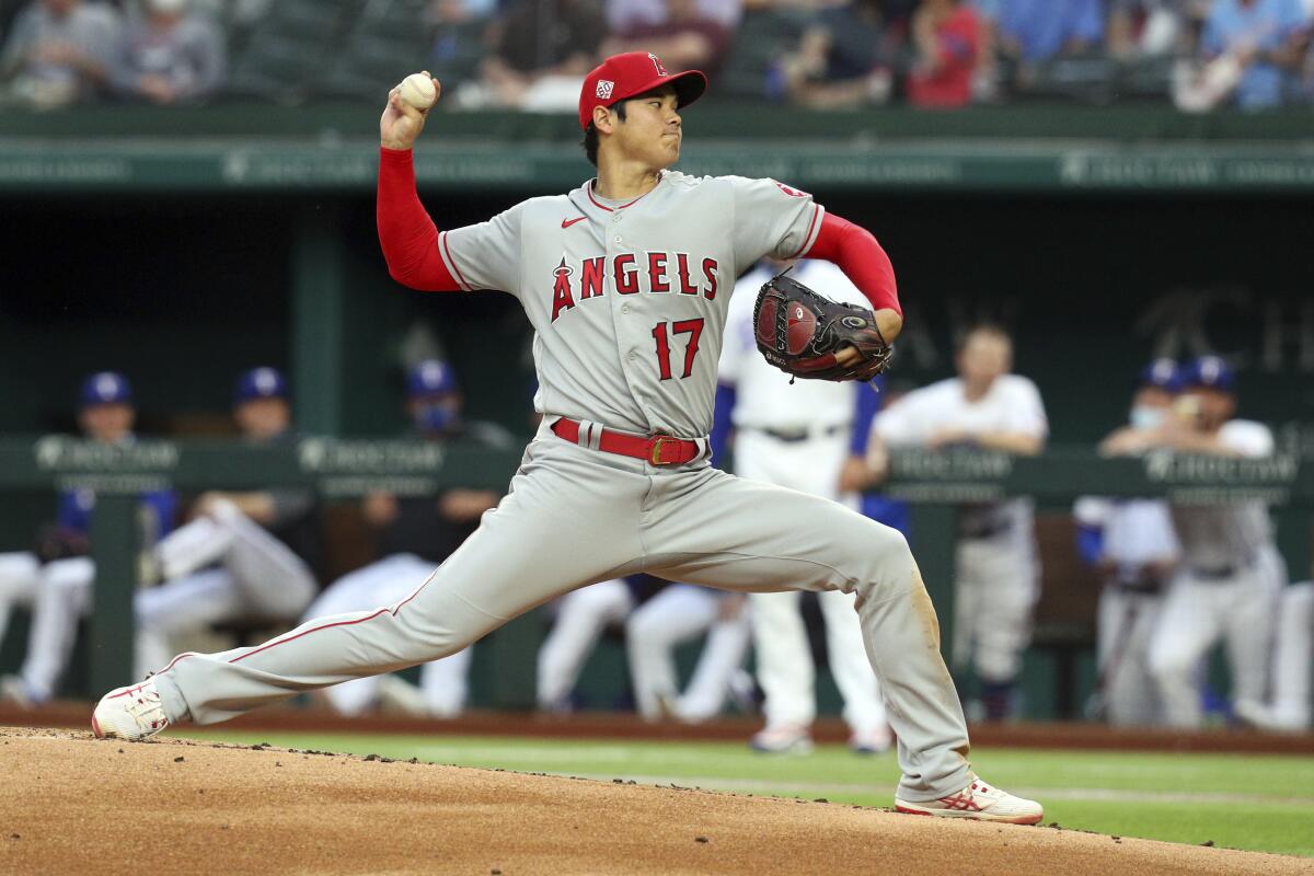 Angels starting pitcher Shohei Ohtani delivers during the first inning of a 9-4 win over the Texas Rangers on Monday.