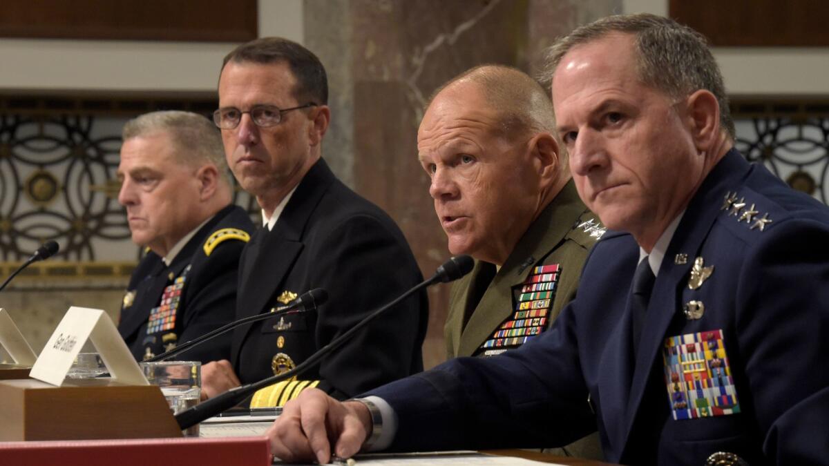 Army Chief of Staff Gen. Mark Milley, Chief of Naval Operations Adm. John Richardson, Marine Corps Commandant Gen. Robert B. Neller and Air Force Chief of Staff Gen. David Goldfein at a hearing in September 2016.