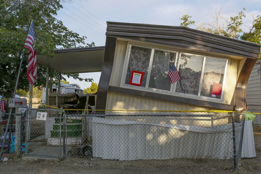 RIDGECREST, CA - JULY 05, 2019 ? Authorities has red tagged a mobile home dislodged from its foundation in Torusdale Estates mobile home park by yesterday?s 6.4 earthquake in Ridgecrest. (Irfan Khan / Los Angeles Times)