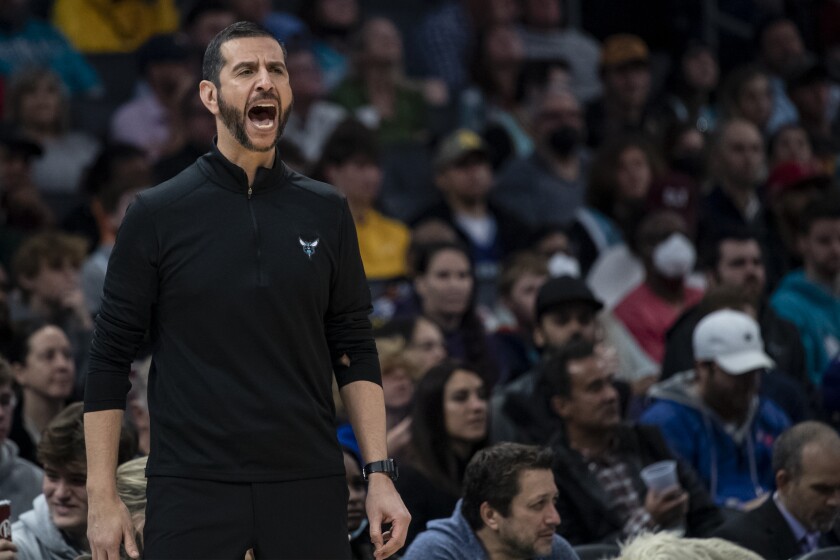 Charlotte Hornets coach James Borrego reacts during the second half of the team's NBA basketball game against the Atlanta Hawks, Wednesday, March 16, 2022, in Charlotte, N.C. (AP Photo/Matt Kelley)