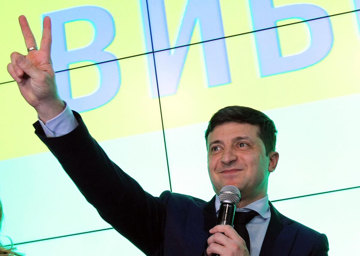 Volodymyr Zelensky reacts at campaign headquarters after the first round of voting in the presidential election in Kiev, Ukraine, on March 31.