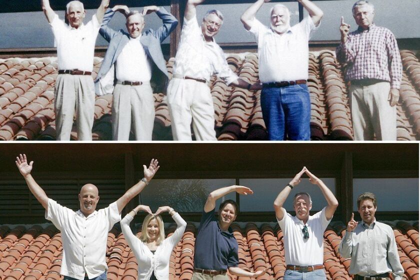Top from left: Original Roof Raisers Irv Roston, Ed Harloff, Rollie Ayers, Don Hubbard Sr. and Paul Ecke Jr. Bottom from left: Second-generation Roof Raisers Mike Roston, Ann Harloff, Bob Ayers, Don Hubbard Jr. and Paul Ecke III. The original Roof Raisers were photographed in 1971 on the roof of what was then an unfinished multipurpose room. (Peggy Peattie / Union-Tribune)