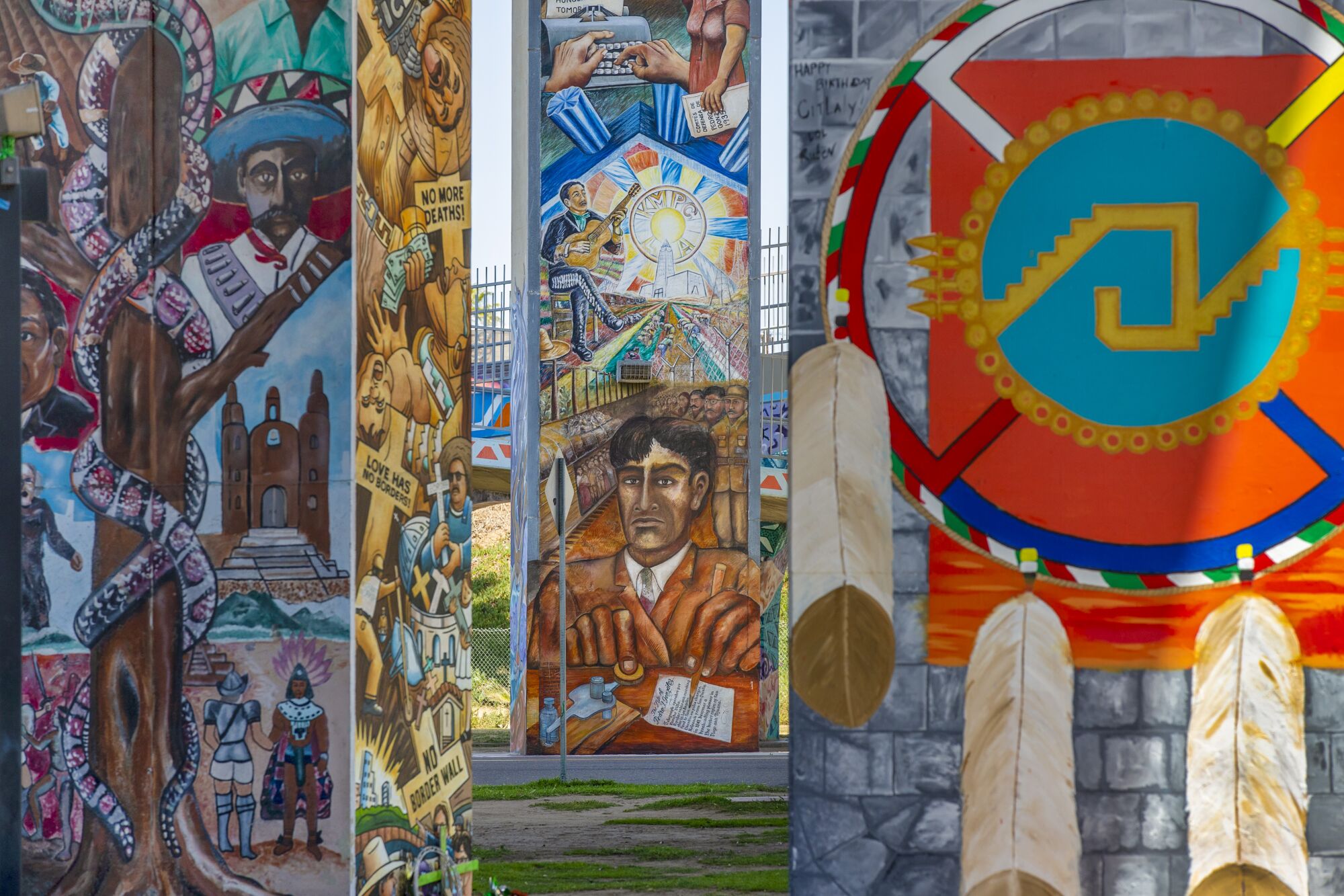 Colorful murals featuring Mexican imagery at Chicano Park.