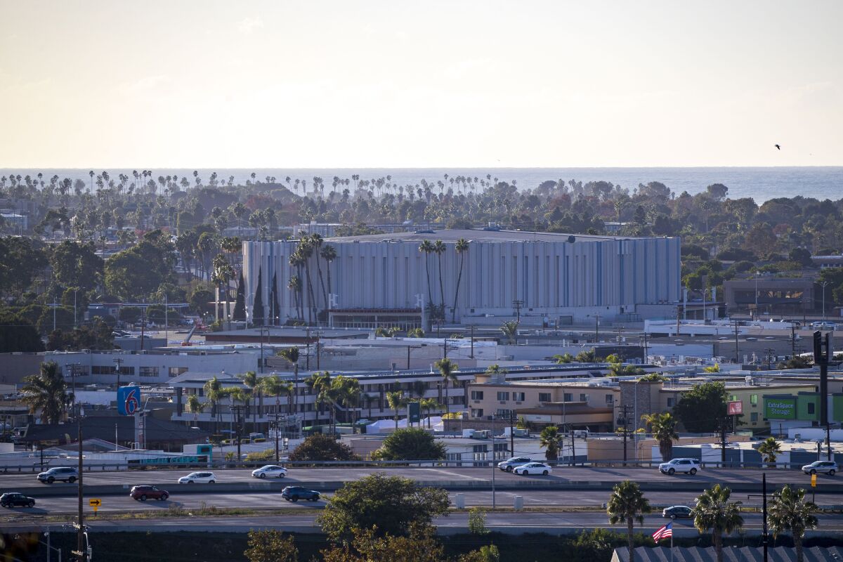 Pechanga Arena San Diego in the Midway District seen from Presidio Park.