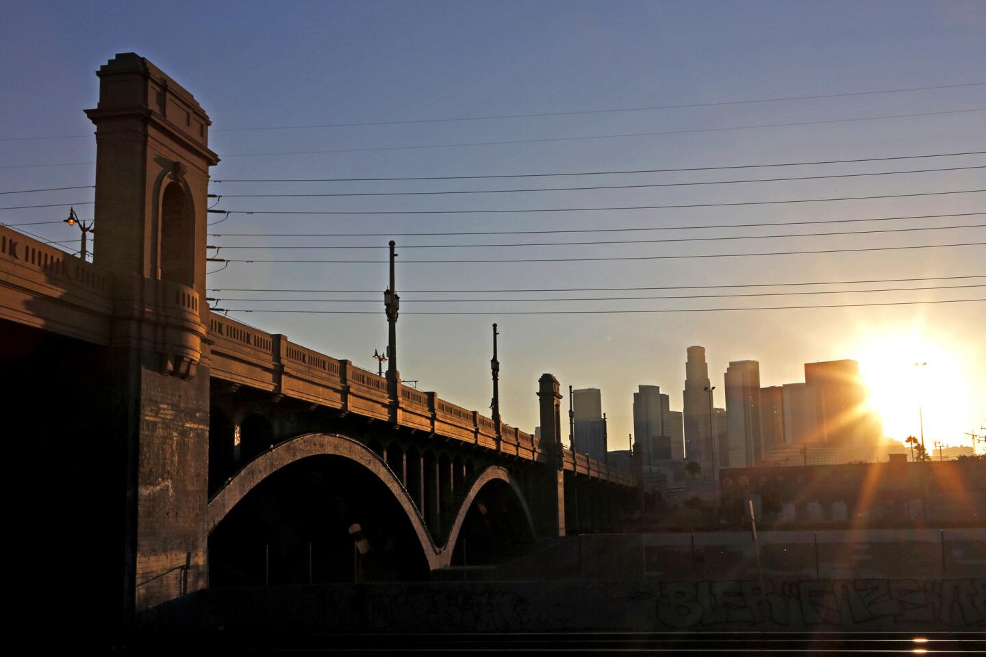 The First Street bridge, which connects downtown Los Angeles with Boyle Heights, was built in 1928 and displays plaques in memory of Henry G. Parker, an engineer who designed several bridges before his untimely death.