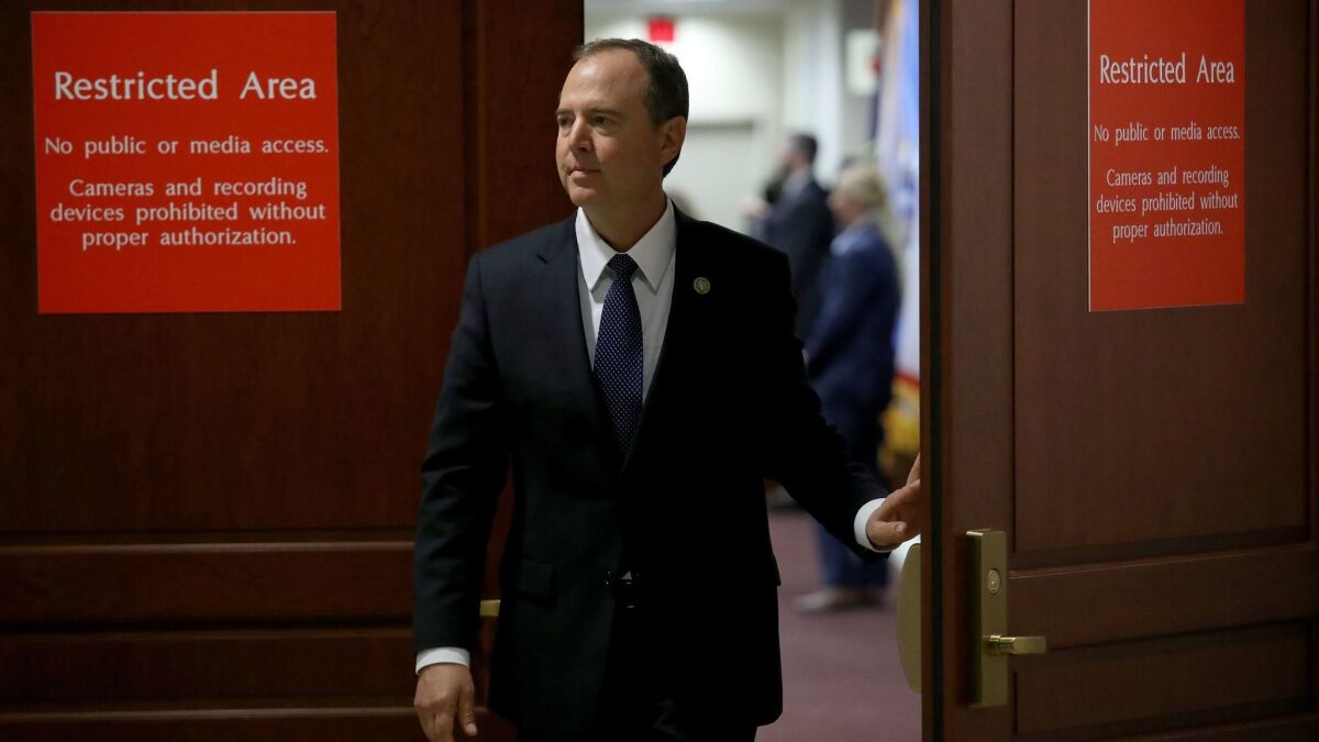 Rep. Adam B. Schiff (D-Burbank), ranking member of the House Intelligence Committee, leaves a committee meeting at the U.S. Capitol on Feb. 5.