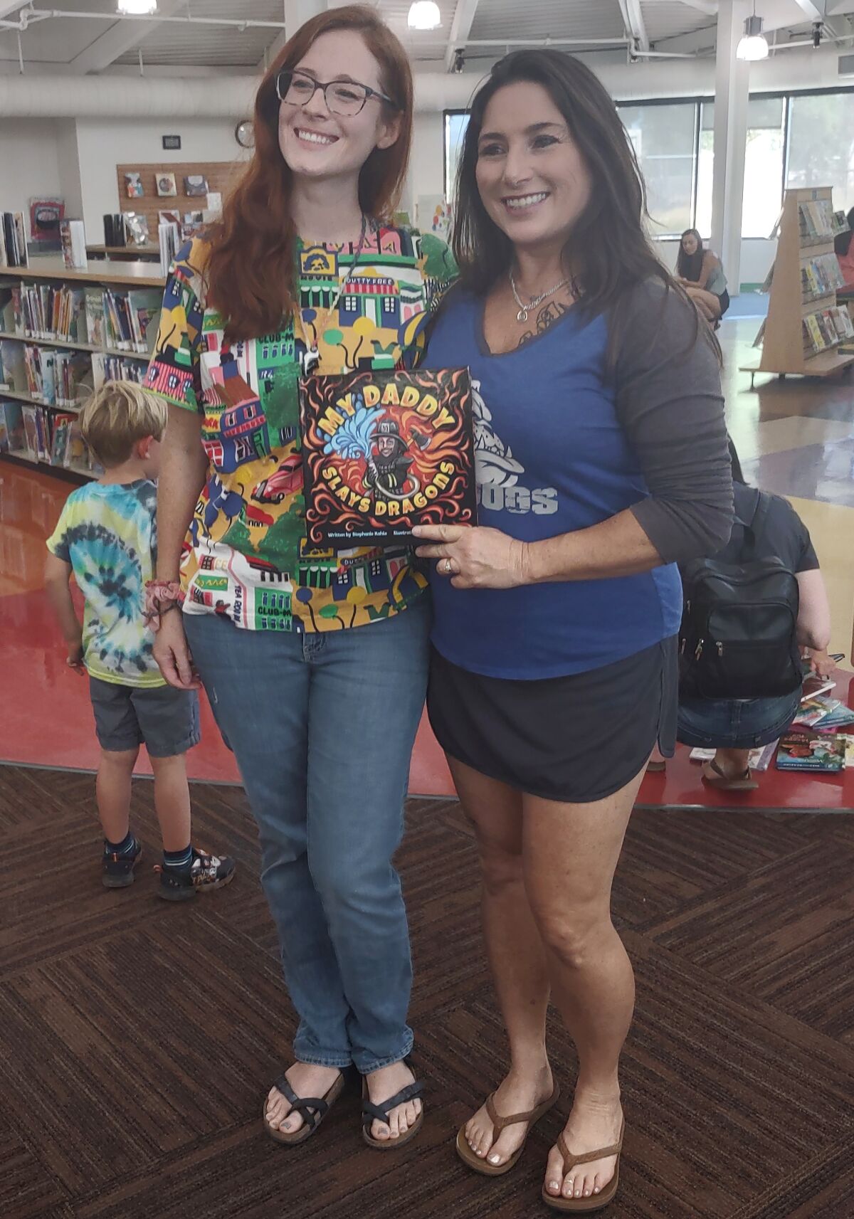 “My Daddy Slays Dragons” illustrator Karen Riedler, left, and author Stephanie Kahle shared their book at Ramona Library.