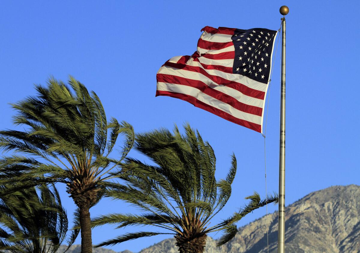 A U.S. flag flies next to wind-bent palm trees.