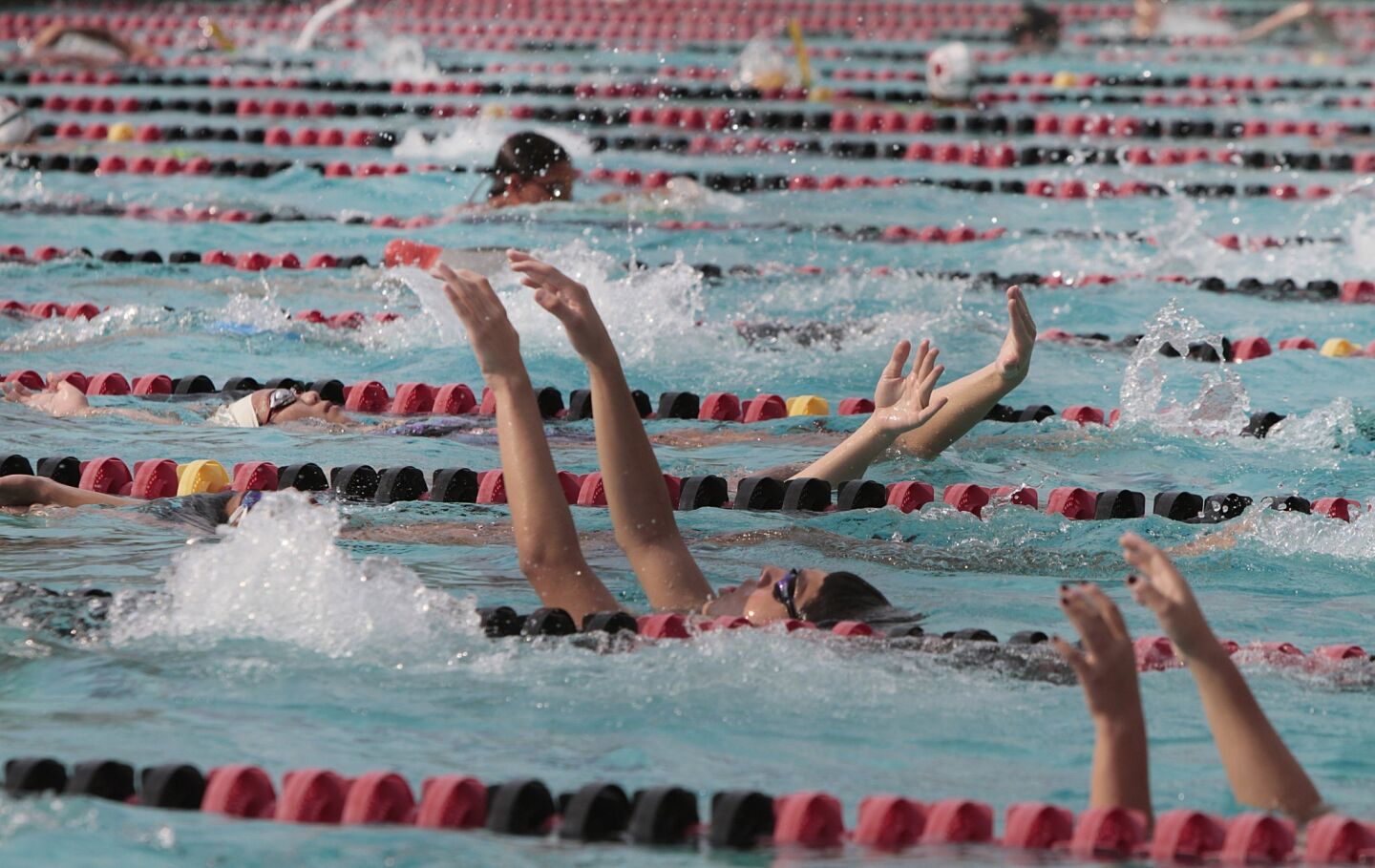 The Rose Bowl Aquatic swim teams practice in the heat at the Pasadena facility.